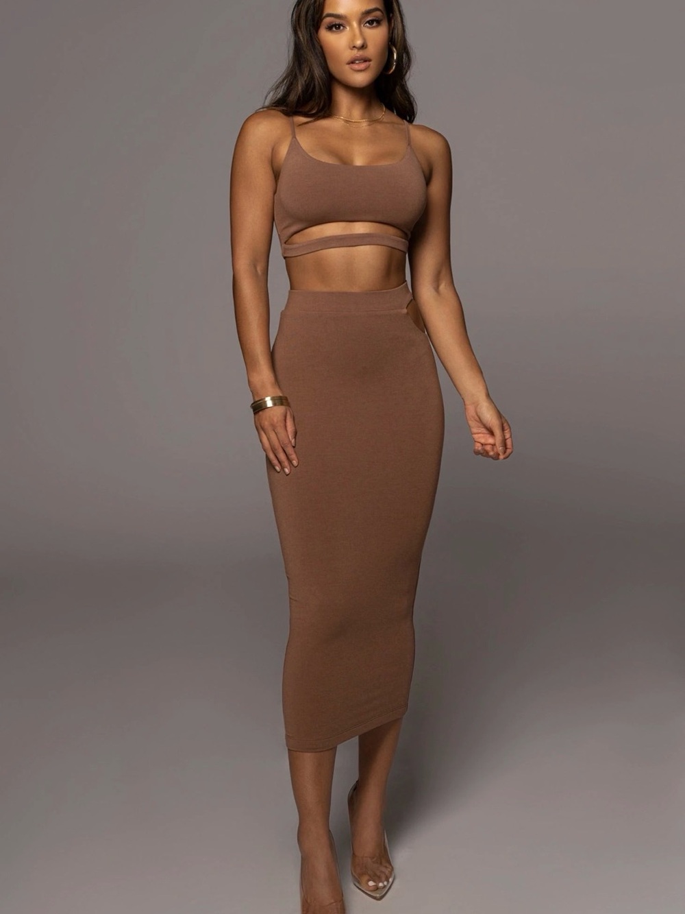 JLUXLABEL Two-Piece Brown Ribbed Midi Skirt Set